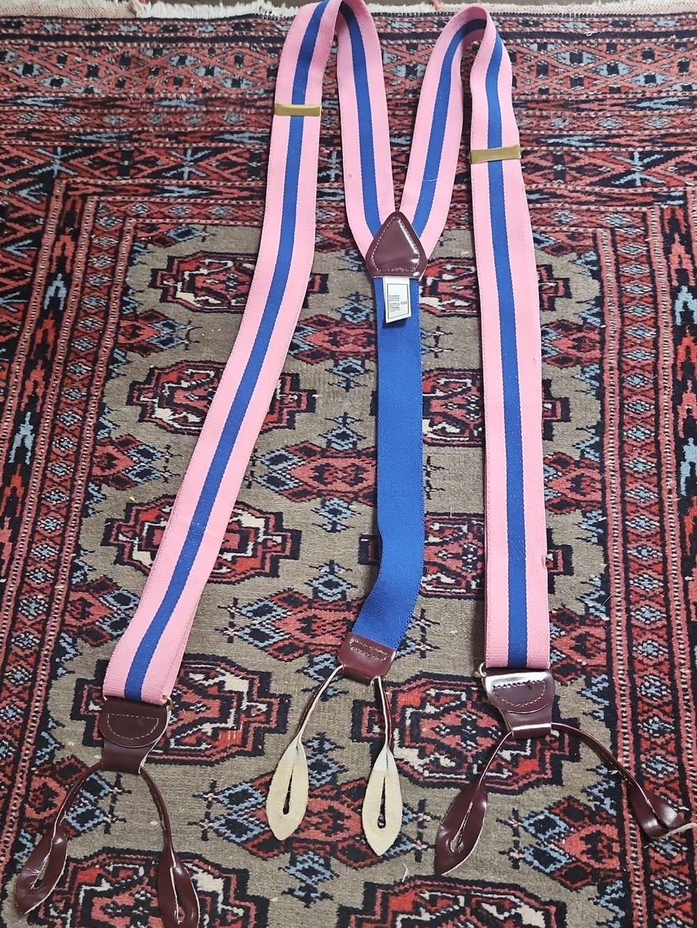 BILL BLASS Stripe Pink & Blue Leather Trim Elastic Suspenders